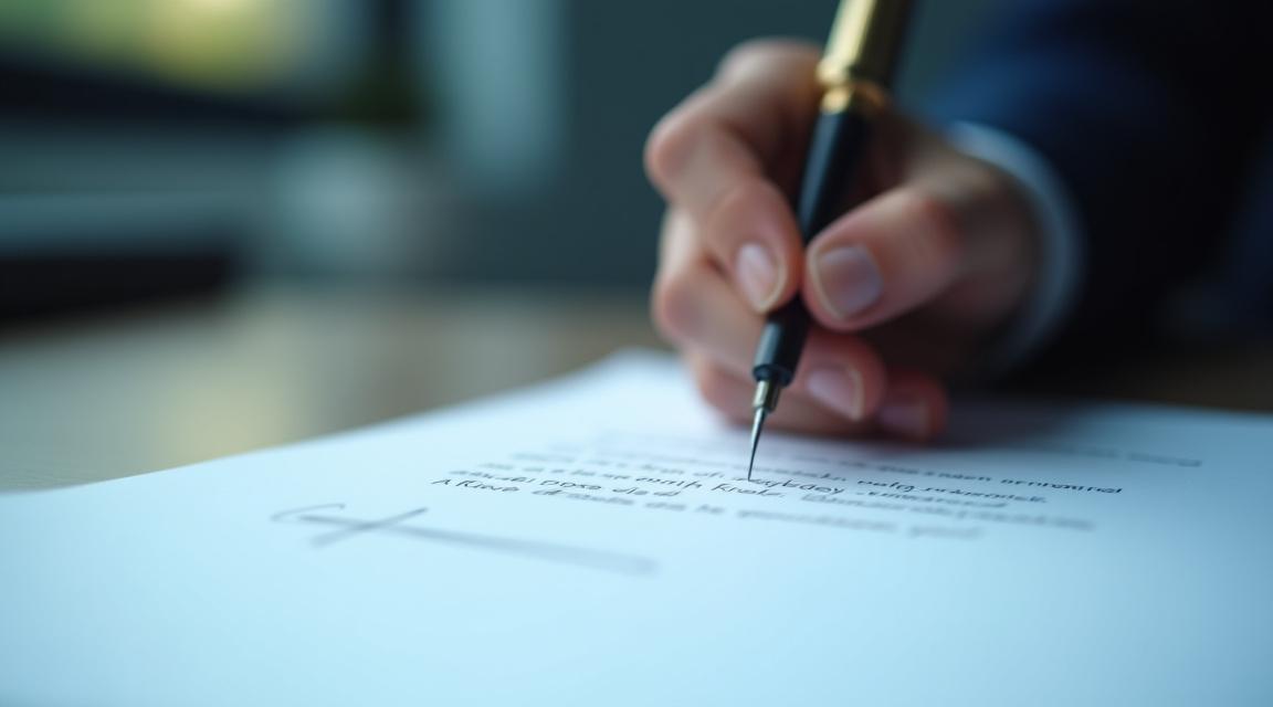 Close up of a professional signing a legal document on a high-quality paper texture