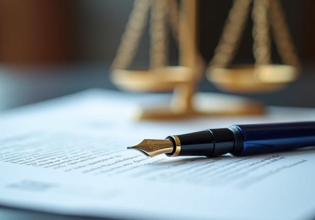 Legal documents and a pen on a mahogany desk